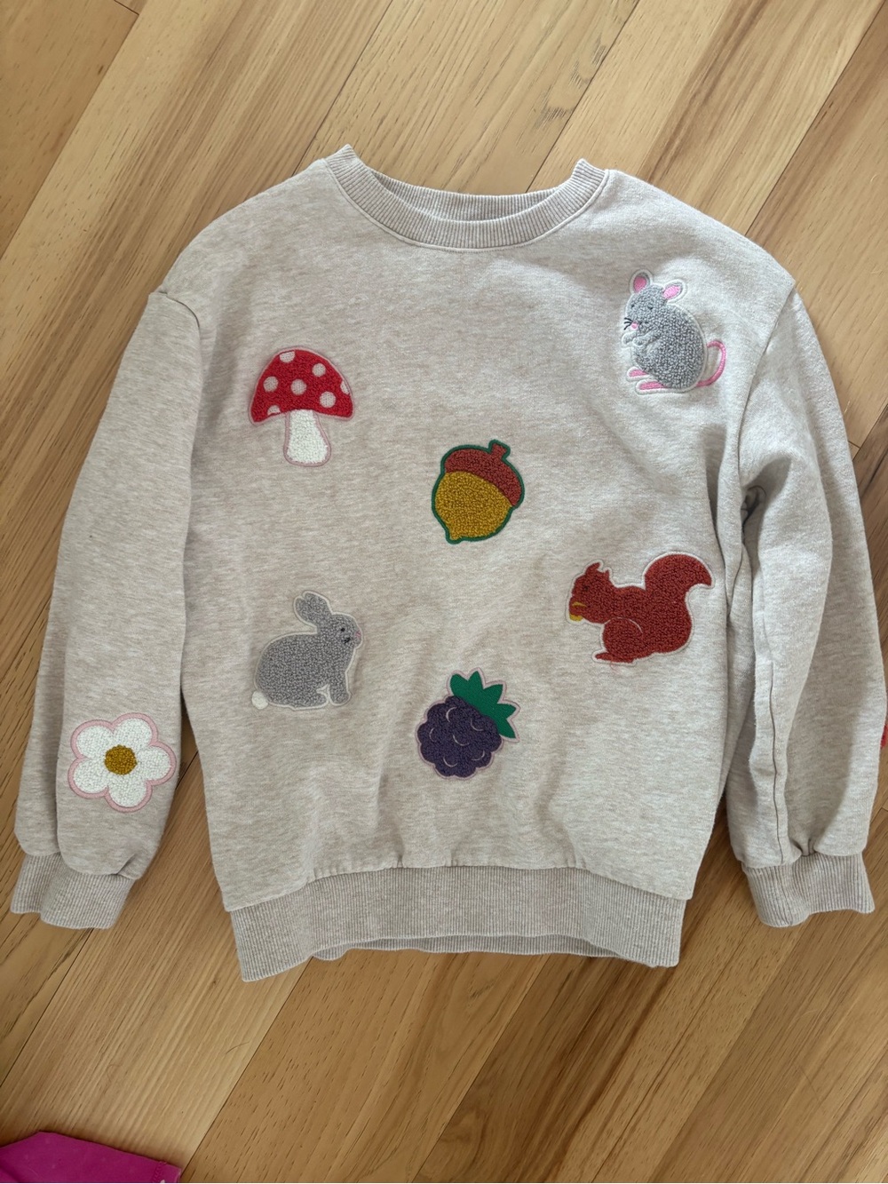 Mini Boden Light Gray Crewneck Sweater with Colorful Embroidered Patches